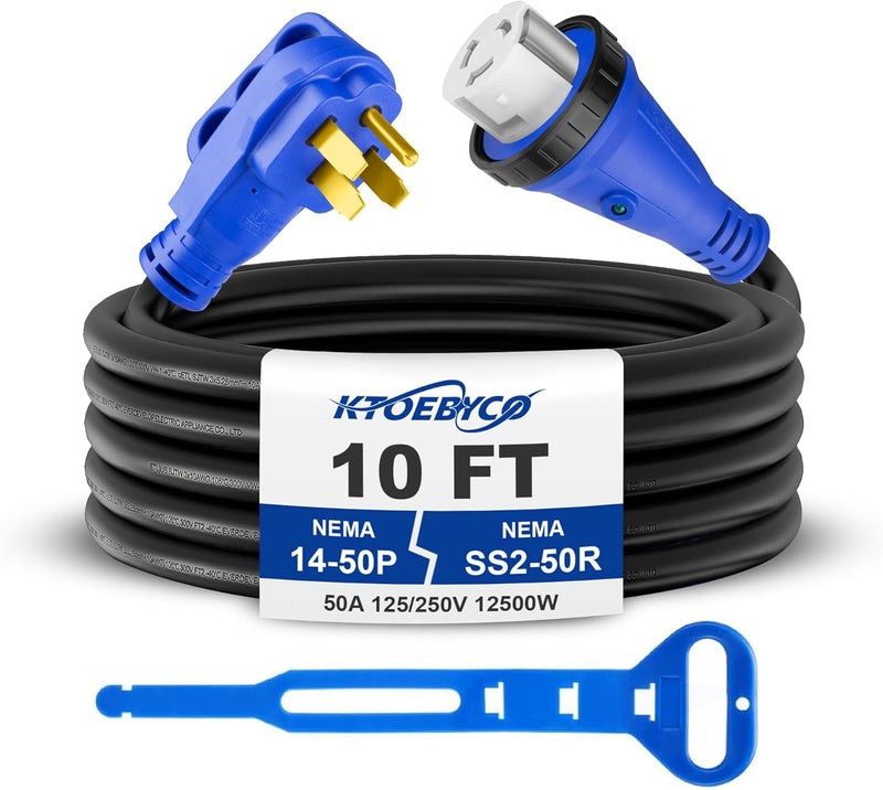 KTOEBYCO 50 Amp 10FT RV Extension Cord, ETL Listed Heavy Duty Copper NEMA 14-50P to SS2-50R Power Cord with Twist Lock and Polarity Indicator - Image 1